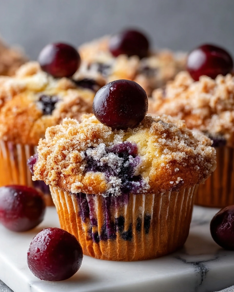 A close-up view of several golden brown muffins with a crumbly sugar topping and dark purple berries baked inside, placed on a white plate. The muffins have a textured top layer with sugar crystals visible, a middle layer showing soft cake with dark berry spots, and a lower layer wrapped in white ridged liners. A few dark red cherries are placed around the muffins on the plate. The background shows a white marbled texture. photo taken with an iphone --ar 4:5 --v 7