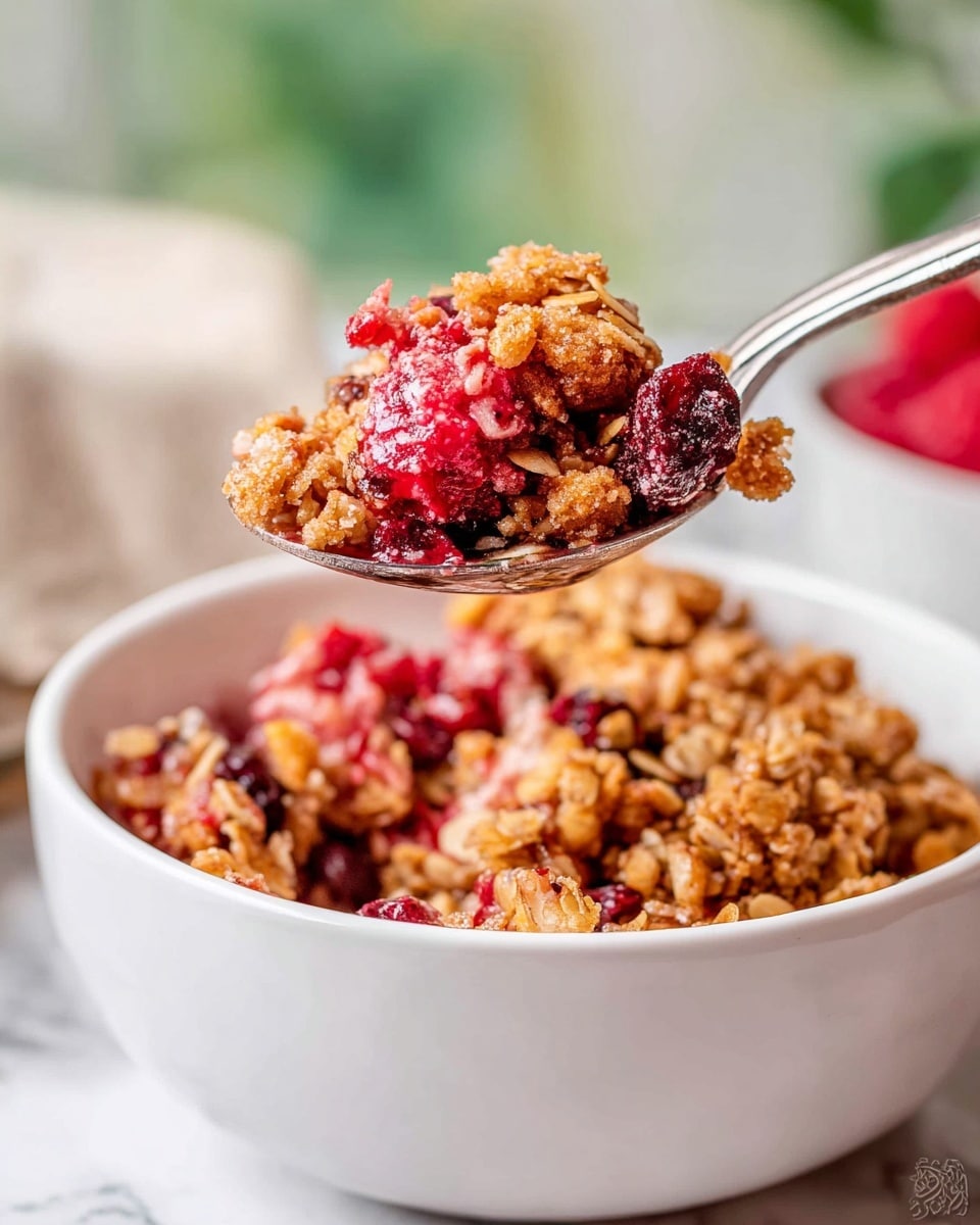 A white bowl filled with a crumbly layered dessert featuring a base of chunky golden brown oat granola mixed with pieces of dark red cherries and some bright red raspberries. On top of the bowl, a silver spoon holds a close-up scoop showing a mix of granola clusters with red cherry pieces and some oats, adding texture and color contrast. The bowl is placed on a white marbled surface with blurred green and light beige background. photo taken with an iphone --ar 4:5 --v 7