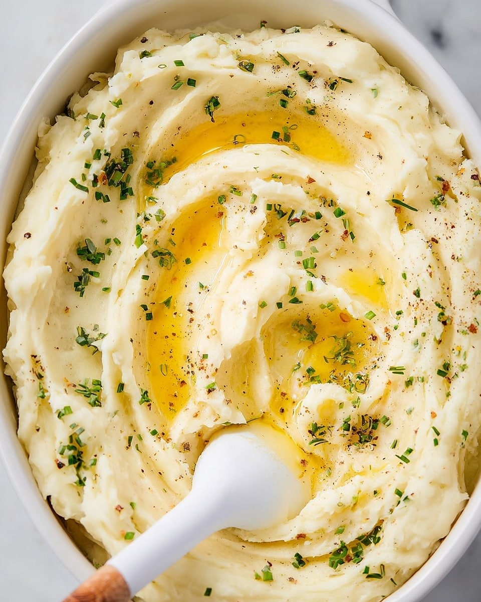 Creamy mashed potatoes fill a white dish, showing smooth, soft texture with gentle swirls on top. Pockets of melted golden butter spread over the surface shine warmly, while small bits of chopped green herbs are sprinkled evenly, adding color contrast. Black pepper flecks dot the pale cream layer, giving a speckled look. A white scoop with a wooden handle rests on the side inside the dish, slightly buried in the mash. The dish sits on a white marbled surface. photo taken with an iphone --ar 4:5 --v 7