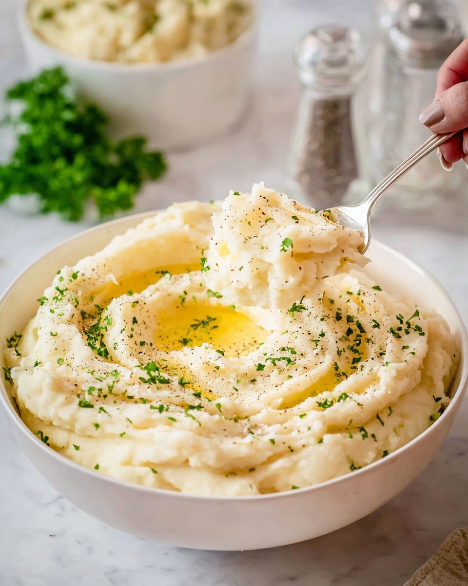 A white bowl is filled with a large, swirling mound of creamy mashed potatoes that have a smooth texture with some soft lumps. The top has a small shallow well filled with melted butter that shines in yellow, sprinkled with chopped green herbs and freshly cracked black pepper. A silver spoon, held by a woman's hand, scoops a portion from the top right of the mound, showing fluffy, light off-white potatoes. In the soft-focus background on a white marbled surface, there is another white bowl of mashed potatoes and a pair of glass salt and pepper shakers, along with green leafy parsley. The photo taken with an iphone --ar 4:5 --v 7