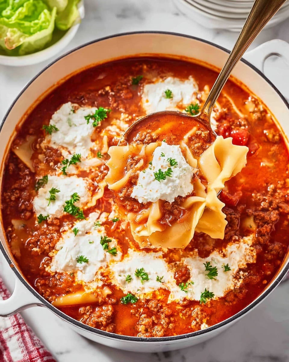 A white pot filled with layered lasagna soup showing three main layers: the bottom layer has rich red tomato soup with visible ground meat and small chunks of tomato, the middle layer has wide, wavy-edged lasagna noodles partly submerged and partly lifting with a ladle, and the top layer shows dollops of white ricotta cheese scattered across the surface with small green parsley leaves sprinkled on top. The ladle holds a spoonful of soup with noodles, cheese, meat, and sauce all visible. The pot sits on a white marbled surface with a small bowl of green lettuce in the background. photo taken with an iphone --ar 4:5 --v 7