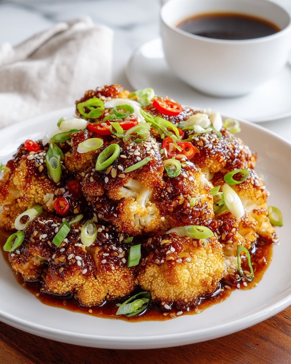 A white plate holds a stack of roasted cauliflower florets with a golden brown crust. The cauliflower is covered with a thick, glossy dark reddish-brown sauce that glistens under the light. Scattered on top are thin slices of bright green spring onions, small red chili pieces, and white sesame seeds. The texture of the cauliflower is slightly crispy on the outside and soft inside. In the background, there is a white cup of black coffee, slightly blurred, set on a white marbled surface. photo taken with an iphone --ar 4:5 --v 7