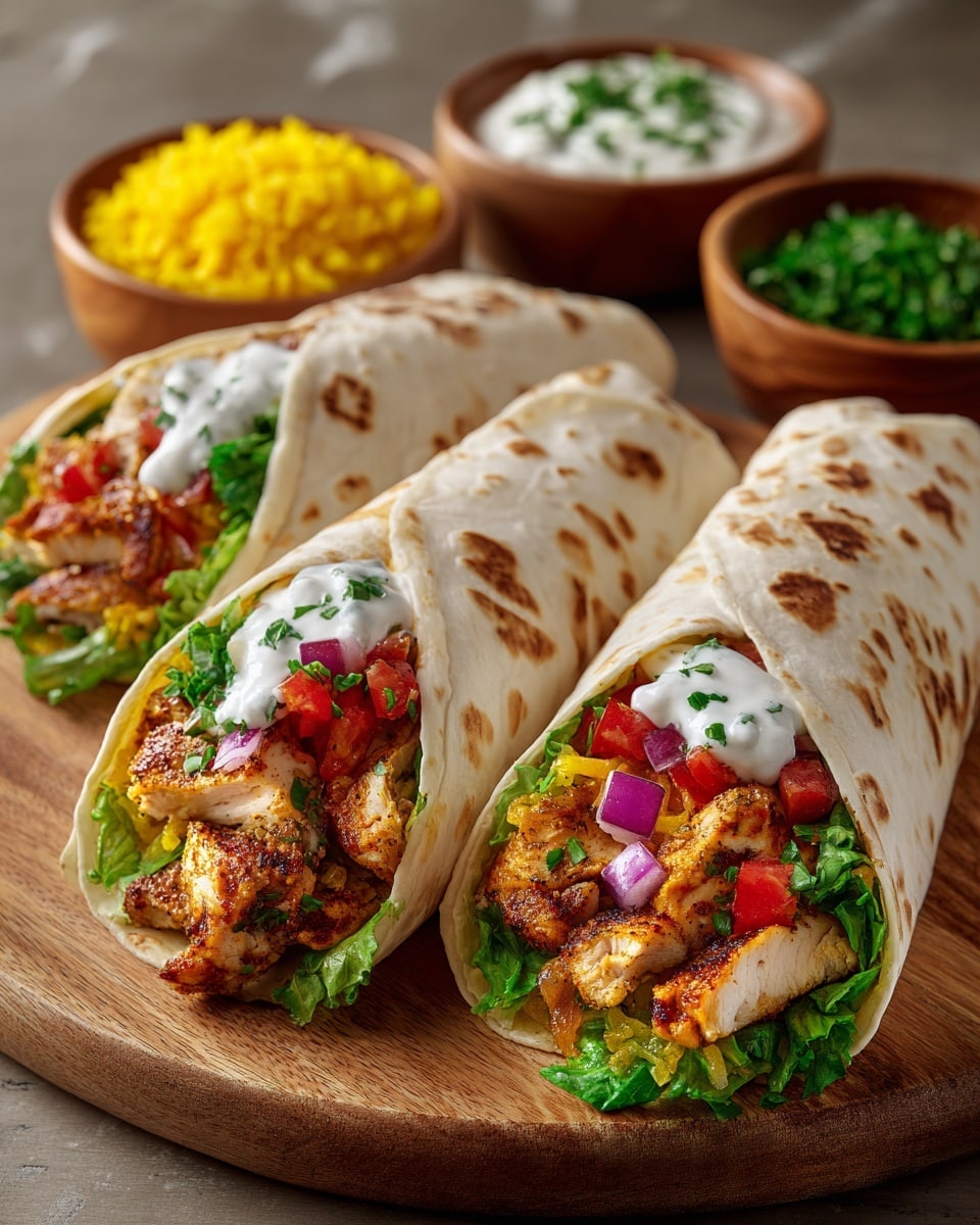 Three chicken wraps are placed on a wooden board on a white marbled surface, each wrapped in a light beige tortilla with brown toasted spots. Inside each wrap, there is a layer of green leafy lettuce at the bottom, topped with golden brown grilled chicken pieces. Above the chicken, there are bright red diced tomatoes and small purple-red chunks of onion, followed by a dollop of white creamy sauce sprinkled with green herbs. In the background, there are three small wooden bowls holding yellow rice, green chopped herbs, and white sauce. photo taken with an iphone --ar 4:5 --v 7