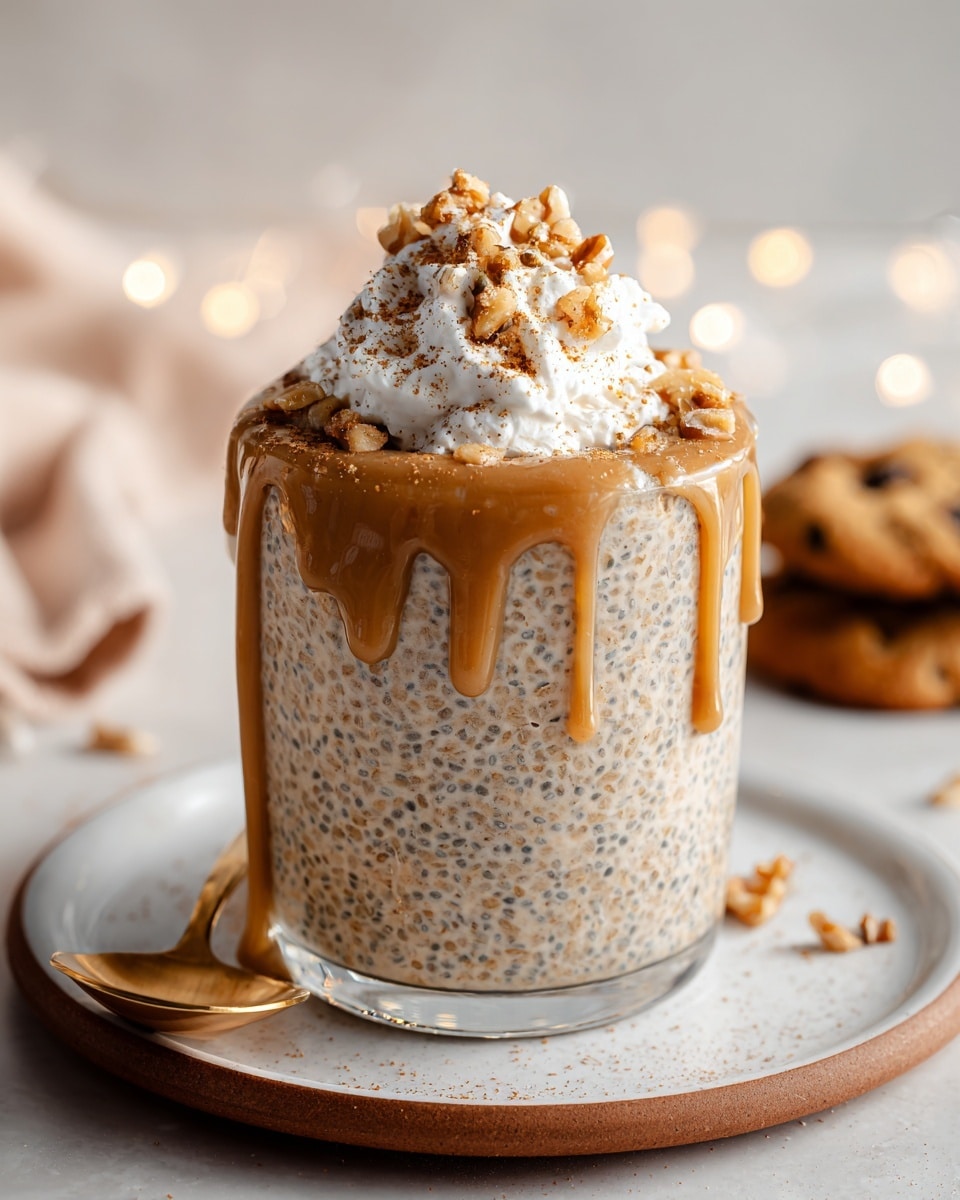 A clear glass filled with a thick, creamy mixture of oats and chia seeds that has a beige color with small dark specks throughout, topped with a layer of light brown caramel sauce that drips down the sides of the glass. On top, there is a dollop of white whipped cream sprinkled with small chopped walnut pieces and a dusting of fine brown powder. The glass sits on a white plate with a round earthy brown rim, next to a golden spoon. The background is a soft white marbled texture with warm bokeh lights and a blurred chocolate chip cookie in the distance. Photo taken with an iphone --ar 4:5 --v 7