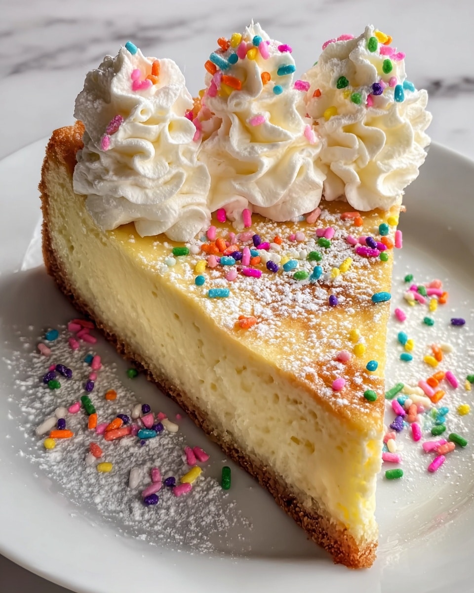 A single slice of cheesecake sits on a white plate placed on a white marbled surface, showing three visible layers: a golden brown crumbly crust at the bottom, a thick creamy pale yellow cheesecake layer in the middle, and a slightly browned top layer. The slice is decorated with five swirls of white whipped cream, each topped with colorful round and long sprinkles in red, blue, yellow, green, purple, and pink. Powdered sugar is dusted lightly over the cheesecake and plate, with extra sprinkles scattered around the plate adding bright pops of color. Photo taken with an iphone --ar 4:5 --v 7