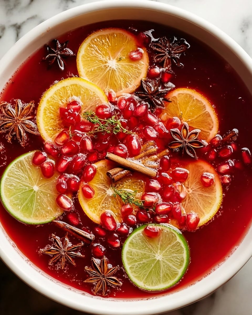 A close-up view of a round white bowl filled with a red liquid drink, topped with many thin round slices of lemon, lime, and orange arranged in overlapping layers across the surface. Bright red pomegranate seeds scatter on top and inside the drink, adding texture and color contrast. Several dark brown star anise and cinnamon sticks are placed randomly on the fruit slices, providing a spiced look. The bowl rests on a white marbled surface. The image has warm lighting and sharp details, showing juicy textures of the fruit and shiny seeds. photo taken with an iphone --ar 4:5 --v 7