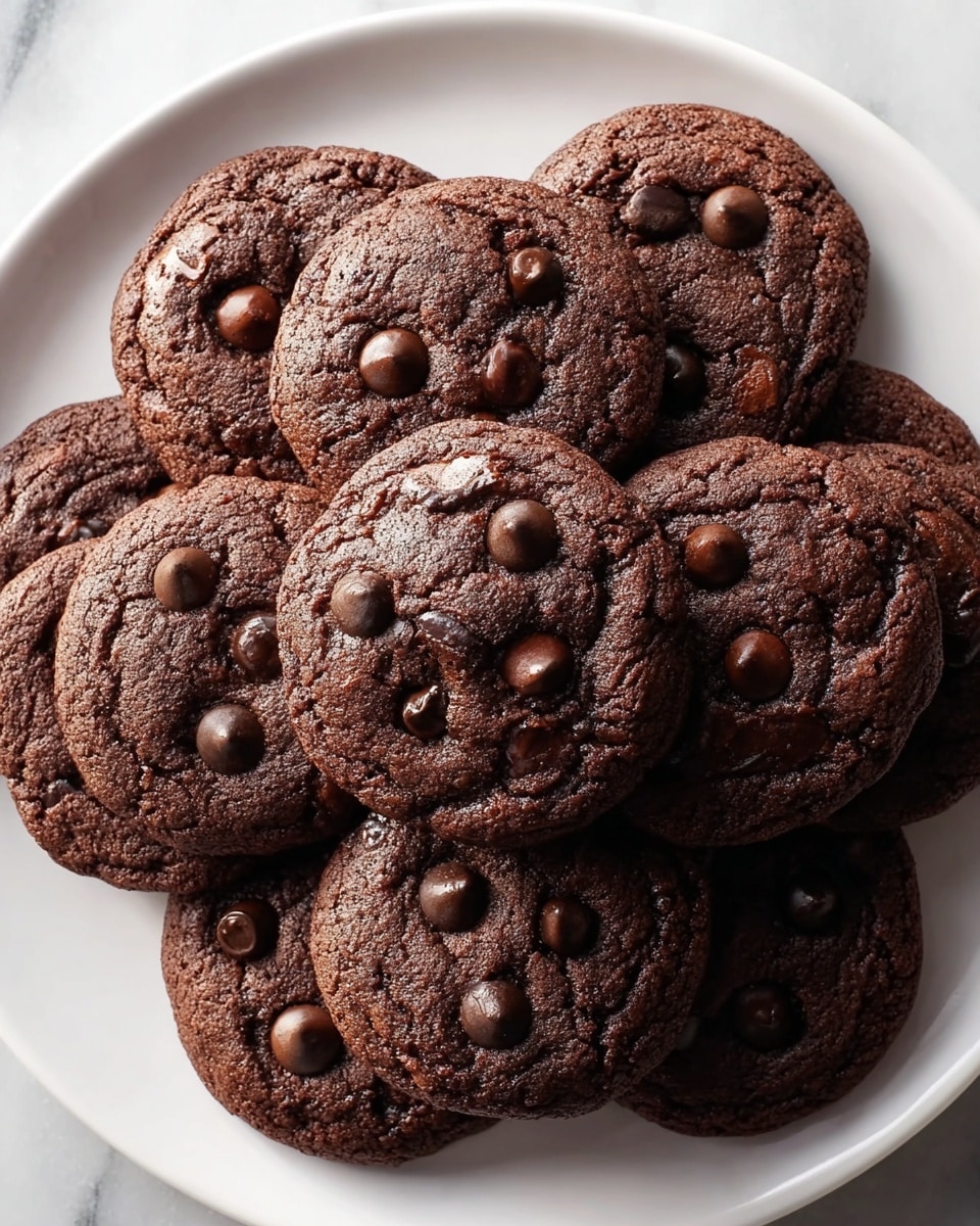 A white plate filled with one layer of round chocolate cookies stacked closely together, each cookie having a dark brown color with a slightly cracked texture on top and scattered dark chocolate chips embedded into the surface, giving a rich and moist appearance. The plate sits on a white marbled textured surface that contrasts with the deep color of the cookies. photo taken with an iphone --ar 4:5 --v 7