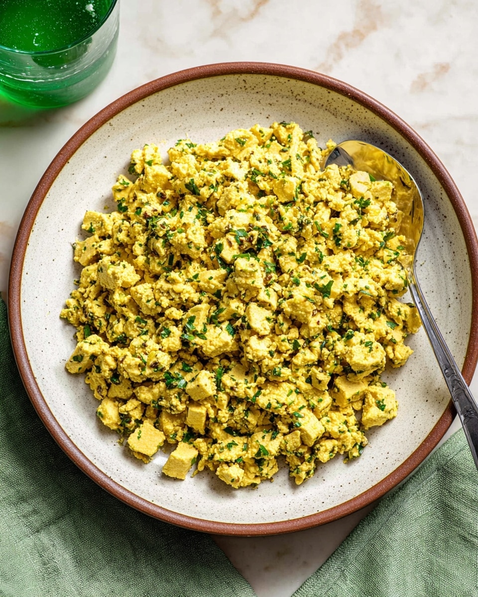 A large white bowl with a brown rim holds a single layer of yellow tofu scramble mixed with small green herbs evenly spread throughout, giving it a textured look of soft, crumbly small cubes. A metal spoon rests on the right side of the bowl, slightly inserted under the tofu mixture. The bowl is set on a white marbled surface, next to a green fabric napkin and a glass with green liquid on the left side. photo taken with an iphone --ar 4:5 --v 7