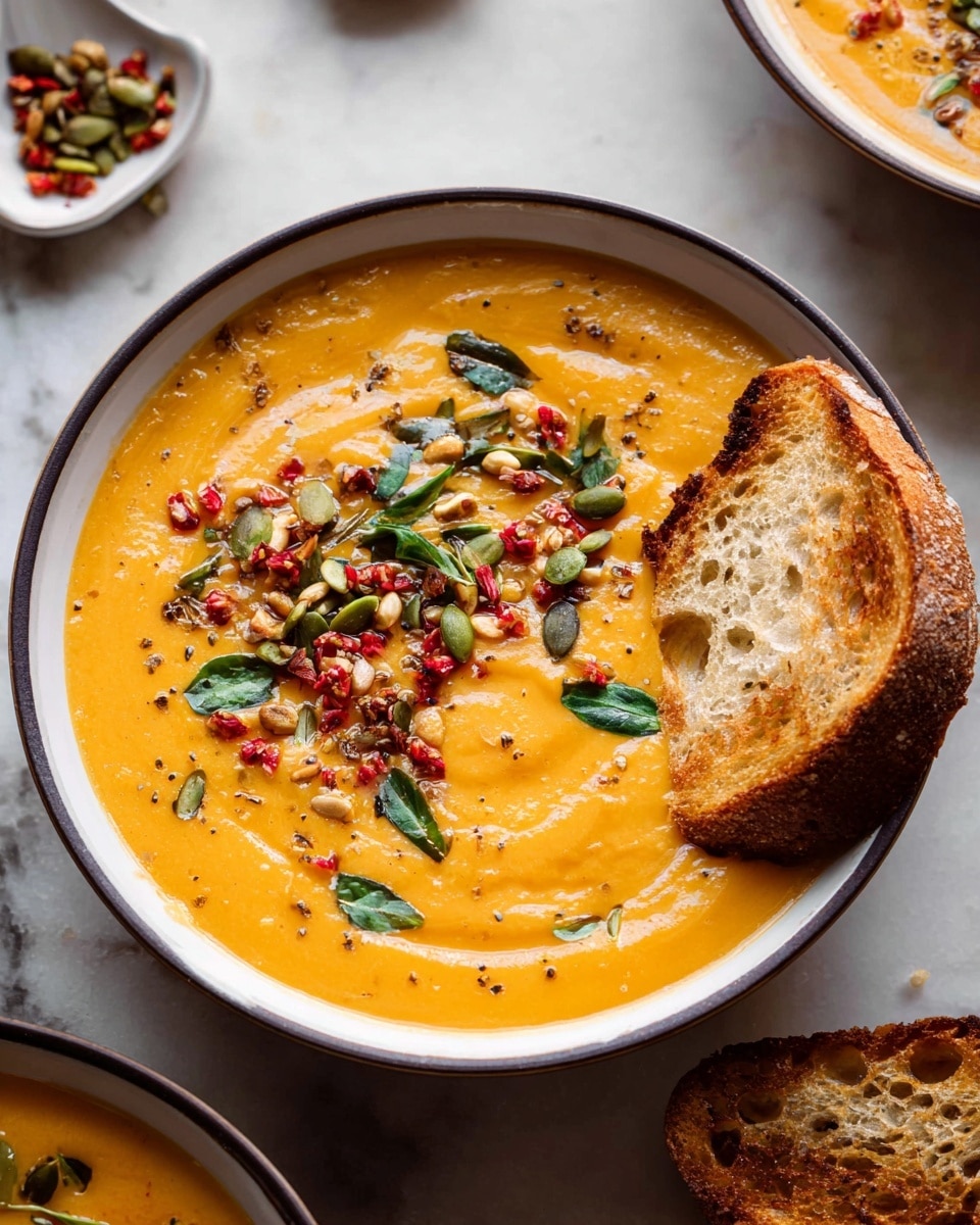 A bowl filled with thick, creamy orange soup that has a smooth texture and slight swirls on top. The soup is garnished with a mix of red chopped pieces, green leaves, and various seeds scattered over the surface. Two slices of toasted bread with a golden-brown crust rest partially dipped in the soup on the right side of the bowl. The bowl is white with a thin dark rim, placed on a white marbled texture. Around it, there are small white dishes with similar garnishes and bits of the soup visible. Photo taken with an iphone --ar 4:5 --v 7