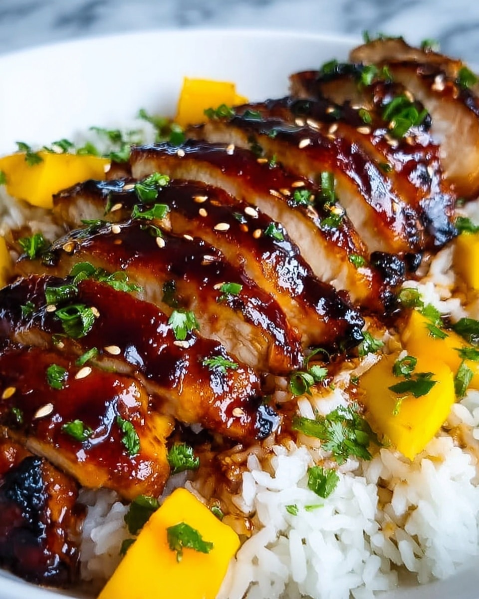 This close-up image shows a dish with three layers. The bottom layer is white rice, soft and fluffy. On top of the rice is a layer of bright yellow diced mango pieces, fresh and juicy. The top layer has glossy, dark brown glazed chicken pieces sliced evenly, showing a tender inside, sprinkled with small white sesame seeds and green chopped herbs, likely scallions and cilantro. The plate is white and the background has a white marbled texture. The image has a warm, inviting feel and shows a slight shine on the chicken from the sauce. Photo taken with an iphone --ar 4:5 --v 7