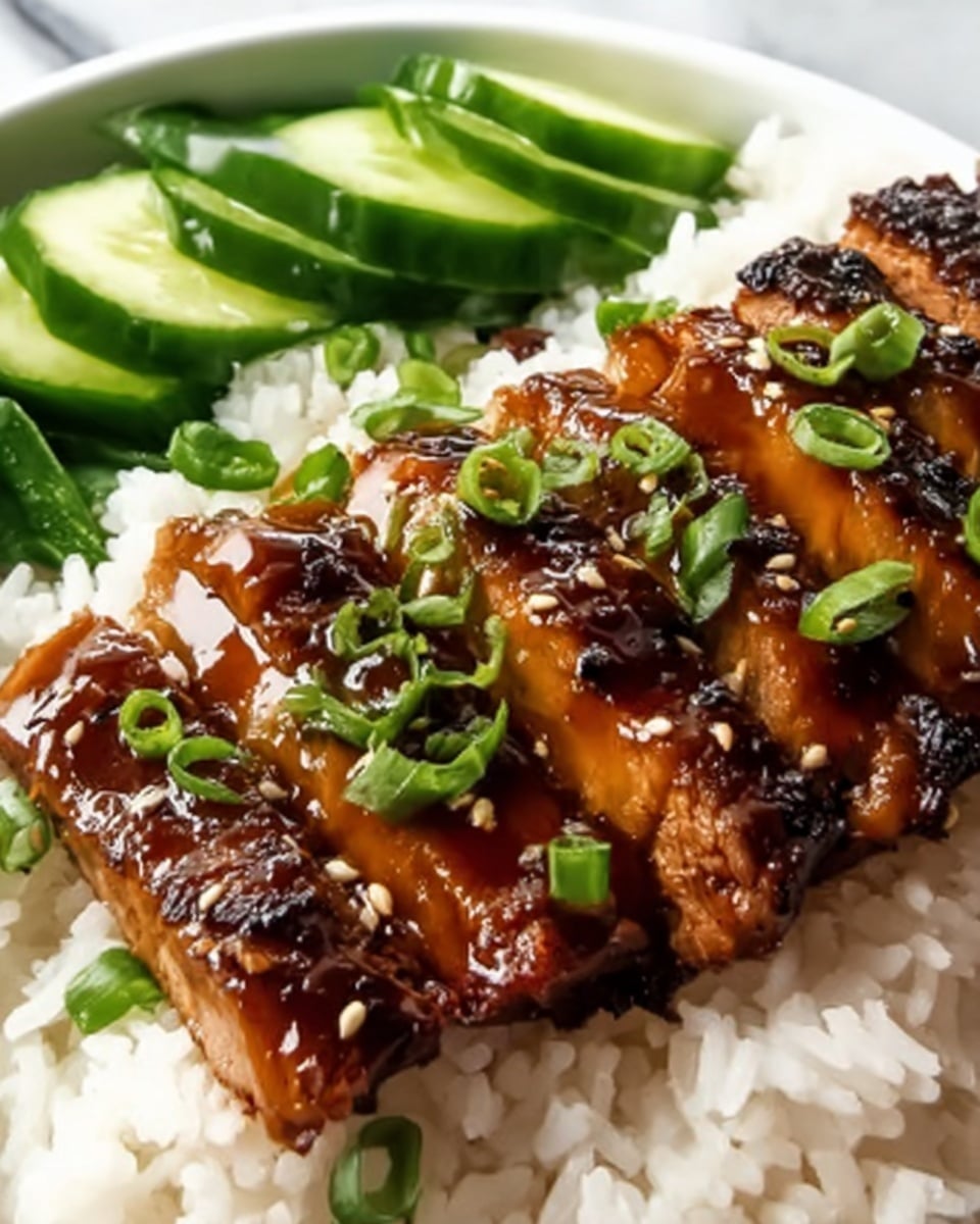 A close-up image of a dish featuring a piece of grilled meat cut into six thick slices, each glazed with a shiny brown sauce and topped with small green onion pieces and light sesame seeds. The meat sits on a bed of white rice on the left side, with the rice showing small green onion pieces scattered on top. On the upper left side behind the meat, there are fresh, sliced green vegetables arranged neatly. The entire dish is placed on a white plate set against a white marbled surface. Photo taken with an iphone --ar 4:5 --v 7