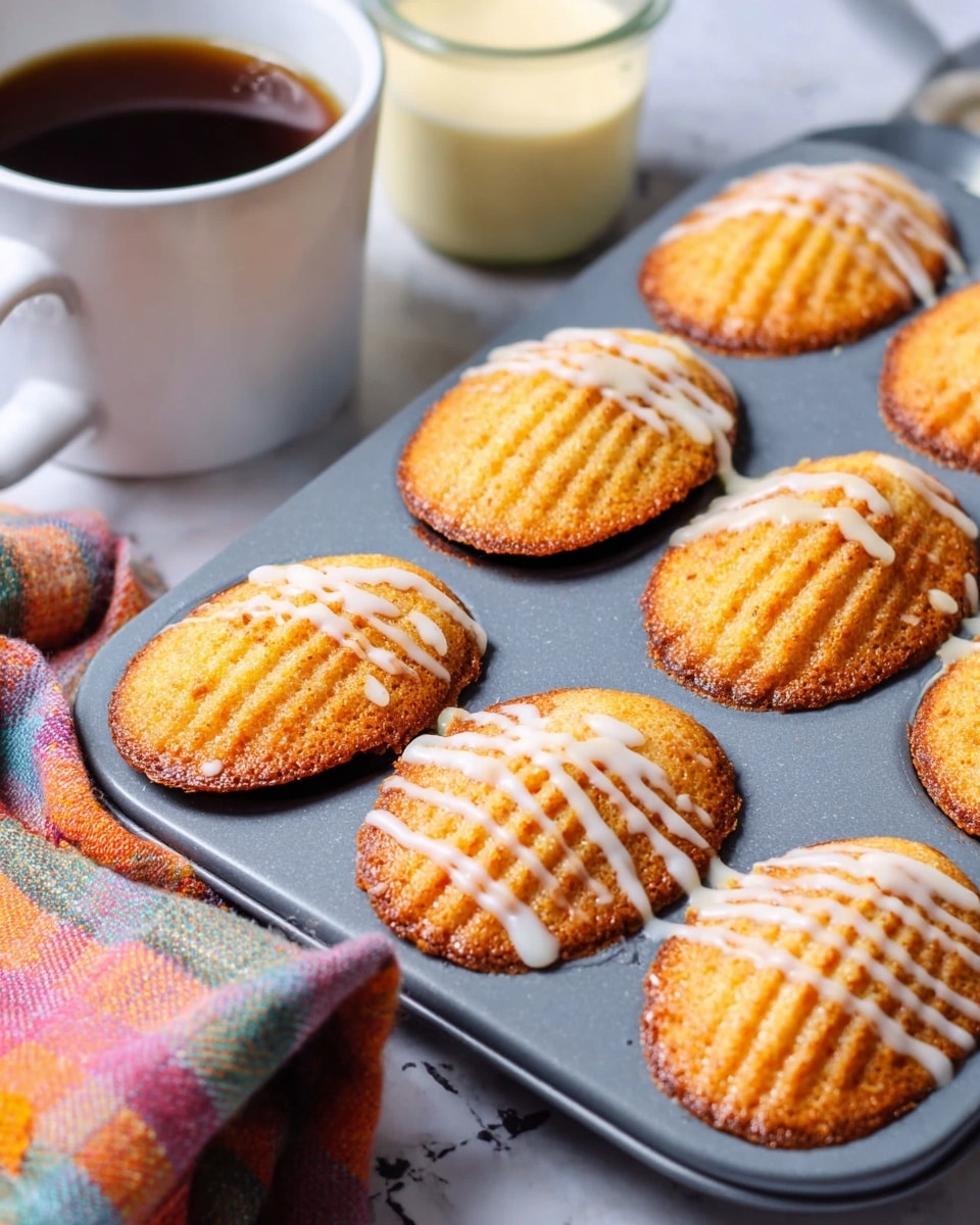 A close-up view of six golden brown madeleine cookies with a slightly crispy edge and soft, textured surface resting on a black wire cooling rack. Each cookie has light drizzles of white icing on the top right side, adding a glossy contrast. In the background, there are large orange pumpkins and a white cup filled with dark coffee, all set on a white marbled surface, giving an autumn feel. The scene is softly lit, highlighting the warm tones of the cookies and the cozy atmosphere. photo taken with an iphone --ar 4:5 --v 7
