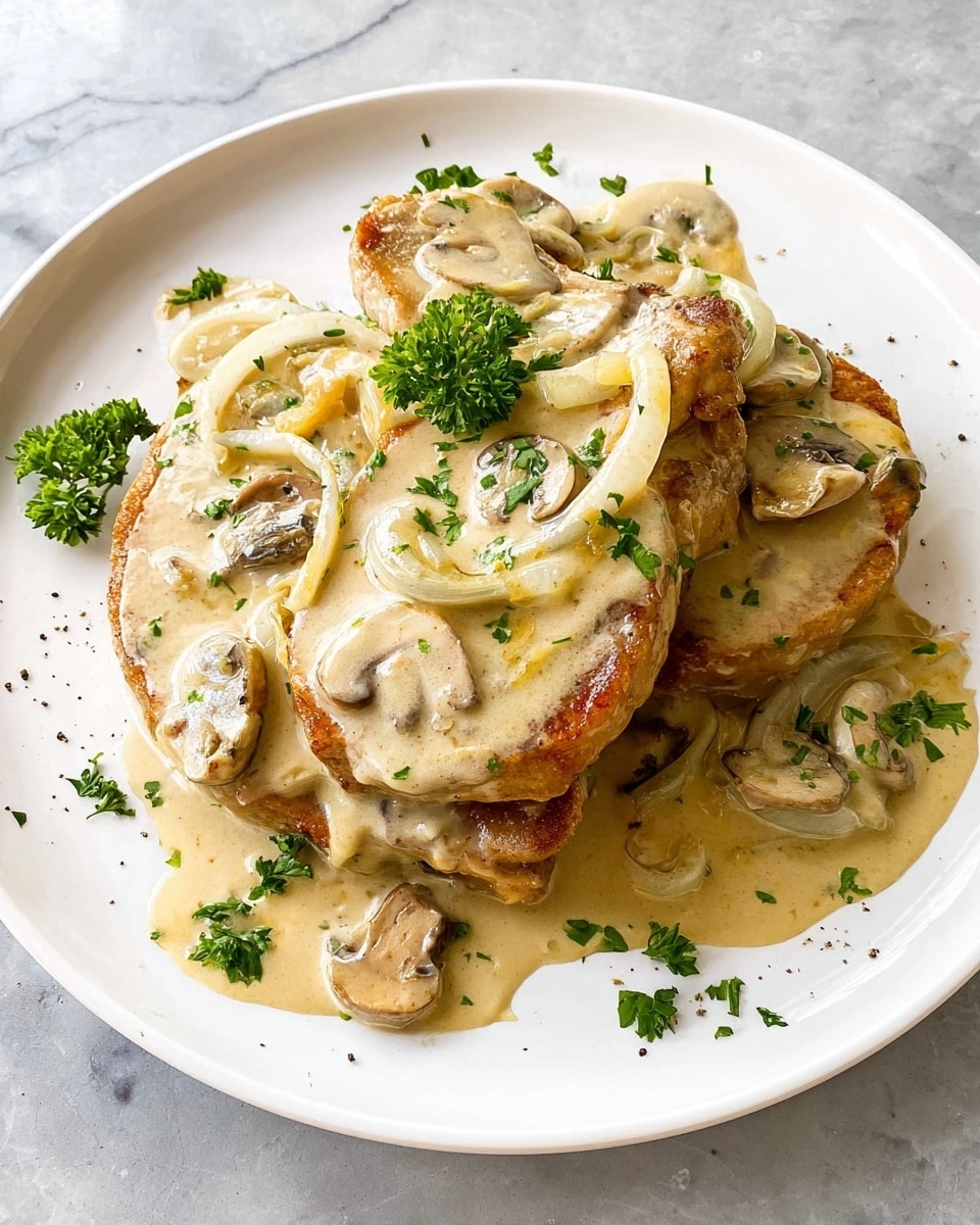 A white plate holds a piece of cooked chicken covered with a creamy beige mushroom sauce. The chicken is golden brown with a slight crisp on the edges and partially hidden under the sauce. Sliced light beige mushrooms and translucent onion rings sit on top of the sauce, adding texture. Small fresh green parsley leaves are scattered over the dish, giving a pop of color against the smooth sauce. The plate rests on a white marbled surface, enhancing the dish’s warm tones. photo taken with an iphone --ar 4:5 --v 7