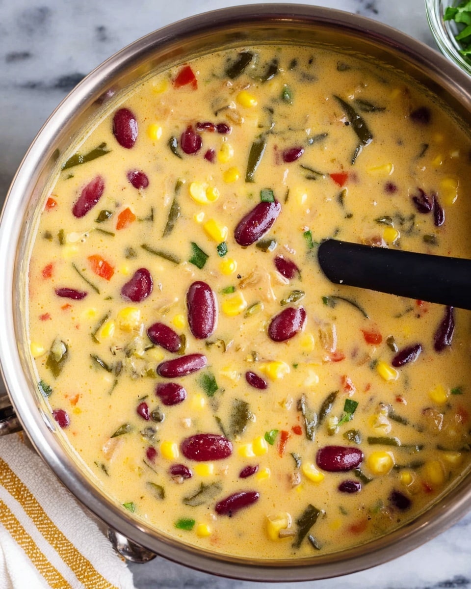 The image shows a close-up of a creamy soup in a metal pot, with a black spoon resting inside. The soup has a thick light yellow base and is filled with colorful ingredients like dark red kidney beans, light brown beans, yellow corn kernels, and small green leaves. Bits of red and green pieces are scattered evenly throughout the soup. The pot sits on a white marbled surface with a white and yellow towel partially visible at the bottom left corner. photo taken with an iphone --ar 4:5 --v 7