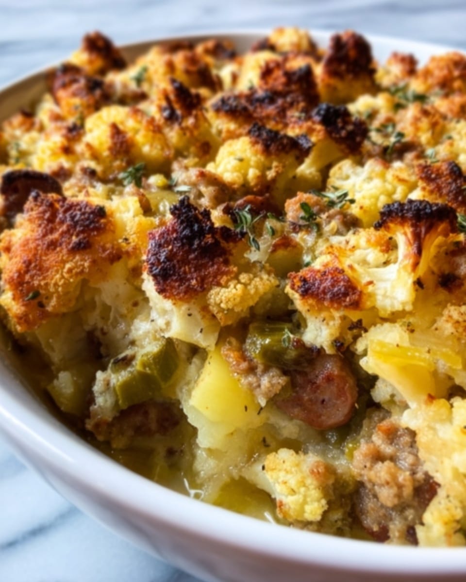The image shows a close-up of a white bowl filled with a layered baked dish. The top layer is golden brown and crispy with scattered bits of cauliflower florets that are slightly charred on the edges. Below the cauliflower, there are visible pieces of sausage that have a light brown, cooked texture. The layers also include small chunks of green olives and slices of what appear to be apple or potato, adding light yellow and green colors to the dish. The overall texture looks crunchy on top and soft underneath, with herbs sprinkled lightly on the surface. The background is a white marbled surface. Photo taken with an iphone --ar 4:5 --v 7