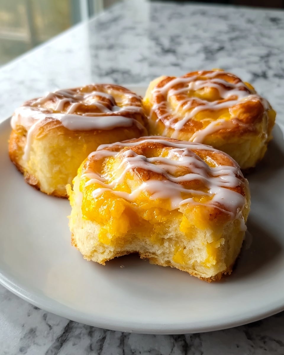 A close-up image of a soft cinnamon roll on a white plate, showing the white icing dripping over its golden-brown swirled dough. The roll has visible layers of fluffy bread with a light yellow color inside and a slightly crispy crust on the outside. In the background, there are more cinnamon rolls stacked, along with a sliced orange and a white cup, all set on a white marbled surface. The scene is bright with natural light highlighting the shiny glaze and soft texture of the roll. Photo taken with an iphone --ar 4:5 --v 7