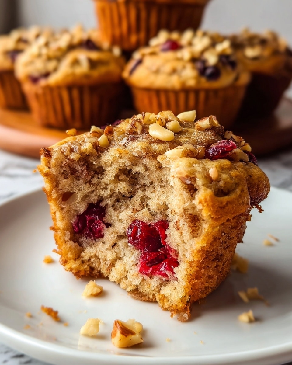 A close-up view of a split muffin on a white plate, showing three layers inside: the outer golden brown crust with a slightly rough texture, a soft light brown inner crumb, and bright red dried cranberries embedded within the crumb layer. The top of the muffin is sprinkled with small light tan chopped nuts, giving a crunchy texture. Several more whole muffins with similar golden brown tops and nut pieces are blurred in the background, all set against a white marbled texture surface. Photo taken with an iphone --ar 4:5 --v 7
