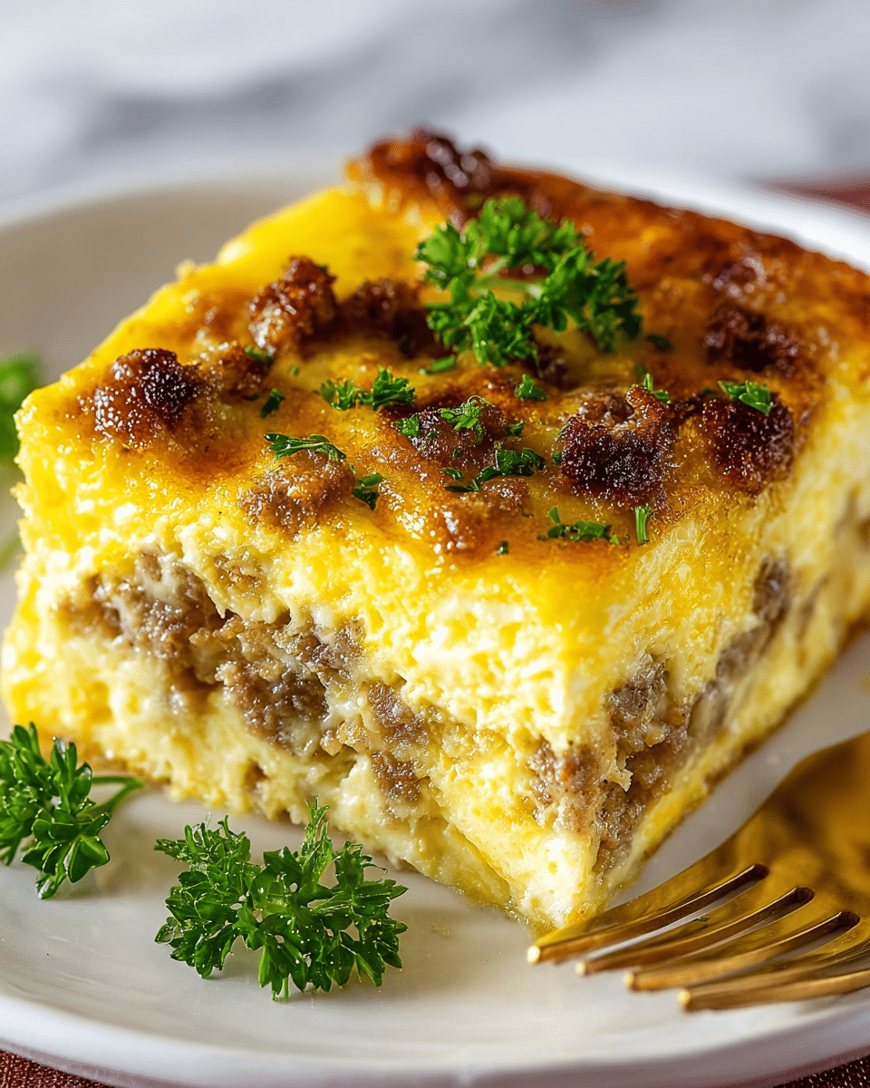 A close-up shows a square slice of a layered dish on a white plate with a golden fork beside it. The dish has three visible layers: the top is a golden-brown, slightly crispy cheesy layer with a few sprigs of fresh green parsley as garnish; the middle layer is a white creamy texture mixed with browned ground meat; the bottom layer is a soft, yellow, smooth base. The white marbled texture is softly blurred in the background. Photo taken with an iphone --ar 4:5 --v 7