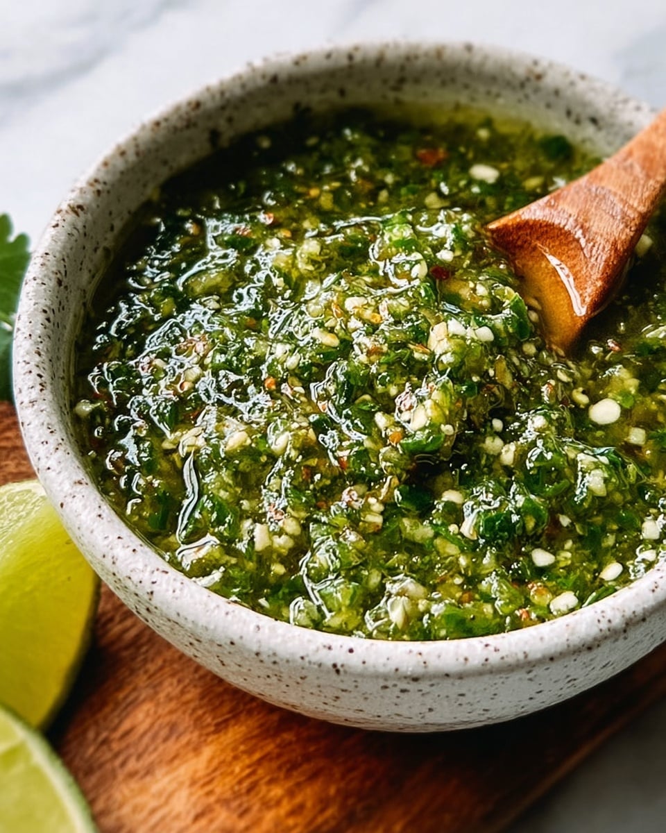 A close-up view of a white bowl filled with a thick, textured green sauce made of finely chopped herbs and small bits of garlic and spices, giving it a slightly chunky look with glossy patches from oil. A dark brown wooden spoon rests inside the bowl on the right side, partially submerged in the sauce. The bowl is placed on a white marbled surface with a blurred green leafy background. photo taken with an iphone --ar 4:5 --v 7