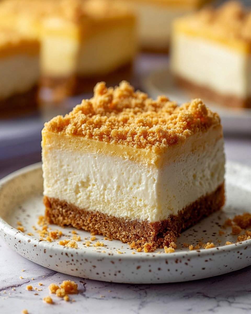The image shows several square pieces of cheesecake on a white marbled surface, each with three visible layers. The bottom layer is a thick brown crumbly crust, the middle layer is a thick, smooth, creamy white cheesecake, and the top layer has bright orange swirls of sauce or puree mixed with more white cheesecake. The top is also sprinkled with a crumbly brown streusel, adding texture. The pieces are close together, highlighting their soft and rich texture. photo taken with an iphone --ar 4:5 --v 7