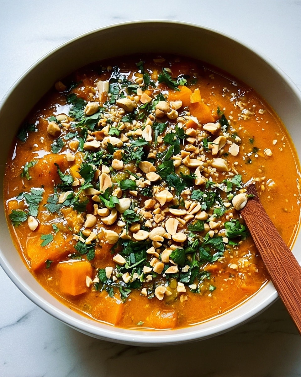 A bowl filled with a thick, orange stew showing chunks of vegetables mixed in a smooth sauce, topped with a generous layer of chopped green herbs and scattered pieces of crushed light brown nuts. A wooden spoon is placed inside the bowl at the edge. The bowl is white and sits on a white marbled surface. Photo taken with an iphone --ar 4:5 --v 7