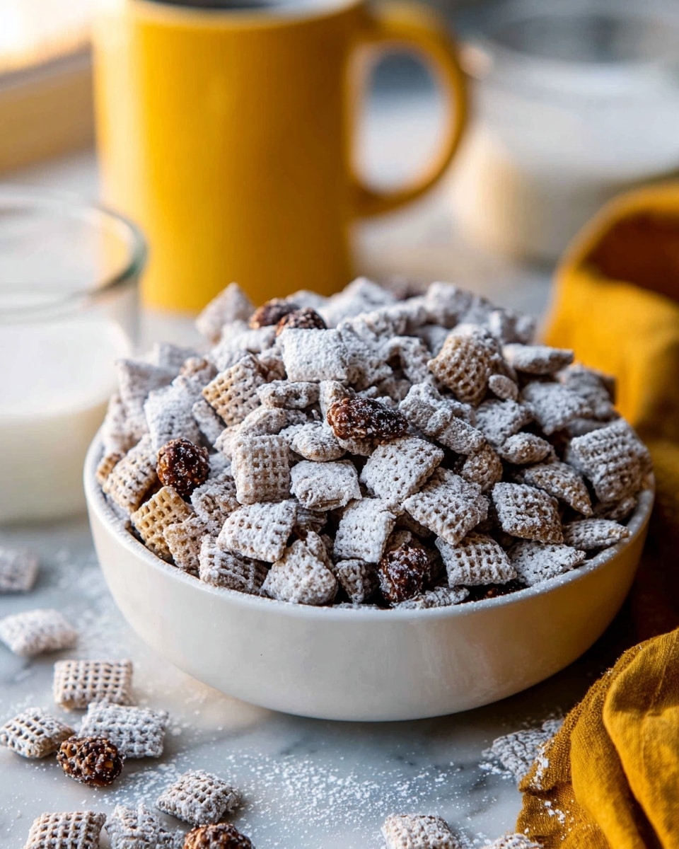 A white bowl is full of a mix of small square and star-shaped cereal pieces in two colors: rich dark brown and light beige. Each piece has a textured surface with a grid pattern, and all are covered with a dusting of white powdered sugar that creates a soft, powdery look. Some powdered sugar is scattered around the base of the bowl on a wooden surface. The background has a white marbled texture with blurred shapes that hint at more bowls and a jar, giving a cozy, warm feel. Photo taken with an iphone --ar 4:5 --v 7