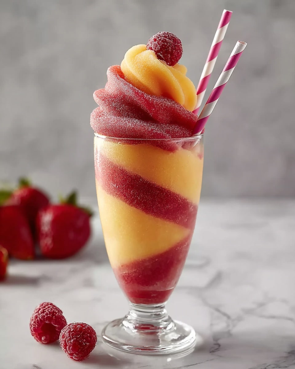 A tall clear glass filled with a swirled frozen drink showing two main layers: bright red with a slushy texture and vibrant yellow with the same icy look. The red and yellow layers twist around each other inside the glass, reaching the top where they are sculpted into soft peaks. On top, three shiny dark red cherries sit together as a garnish. Two striped paper straws, one pink and white and the other rose and white, stand side by side in the drink. The glass is placed on a white marbled surface with a blurred bunch of fresh strawberries in the background. photo taken with an iphone --ar 4:5 --v 7