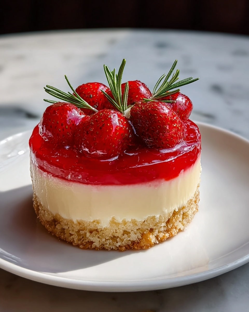 A round dessert with three clear layers sits on a white plate over a white marbled surface. The bottom layer is a rough, crumbly light brown crust. The middle layer is thick, smooth, and creamy white with small bits of dark red mixed inside. Above this is a thin, glossy yellow layer. The top layer is a thick, shiny red jelly, covered with glistening fresh red berries and a few green rosemary sprigs placed on top. The dessert looks moist and fresh. Photo taken with an iphone --ar 4:5 --v 7
