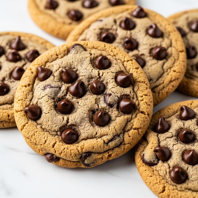 A close-up view of a stack of five round chocolate chip cookies on a white marbled surface, showing a detailed texture of golden-brown dough with richly scattered dark chocolate chips on top. Each cookie has a slightly cracked surface, with a soft and chewy appearance. The edges are slightly darker, indicating a crisp texture. Photo taken with an iphone --ar 4:5 --v 7