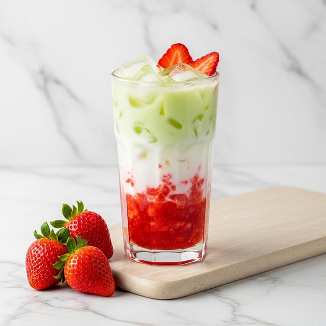 A tall clear glass shows a three-layered drink. The bottom layer is a chunky red strawberry mixture. Above that is a smooth white layer of milk or cream. The top layer is a light green tea mix with swirls blending into the white layer. A few pieces of strawberry sit on top with ice cubes floating inside. The glass sits on a small wooden board placed on a white marbled surface, with three whole red strawberries around the front. Photo taken with an iphone --ar 4:5 --v 7