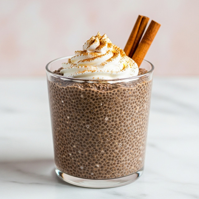 A clear glass cup filled with thick, dark brown chia pudding packed with visible chia seeds. On top, there is a swirl of white whipped cream sprinkled lightly with cinnamon powder. Two brown cinnamon sticks are placed upright, leaning on the whipped cream near the edge of the glass. The cup is set on a white marbled surface with a soft, light pink background. photo taken with an iphone --ar 4:5 --v 7
