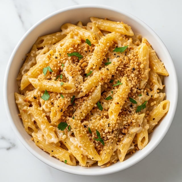 A white bowl is filled with creamy baked pasta made of penne noodles covered in a melted cheese sauce, topped with golden brown baked breadcrumbs and small green parsley pieces scattered evenly on top. The pasta is well coated and slightly browned on the edges, showing a mix of soft, smooth cheese with a crunchy breadcrumb layer. The dish rests on a white marbled surface. photo taken with an iphone --ar 4:5 --v 7