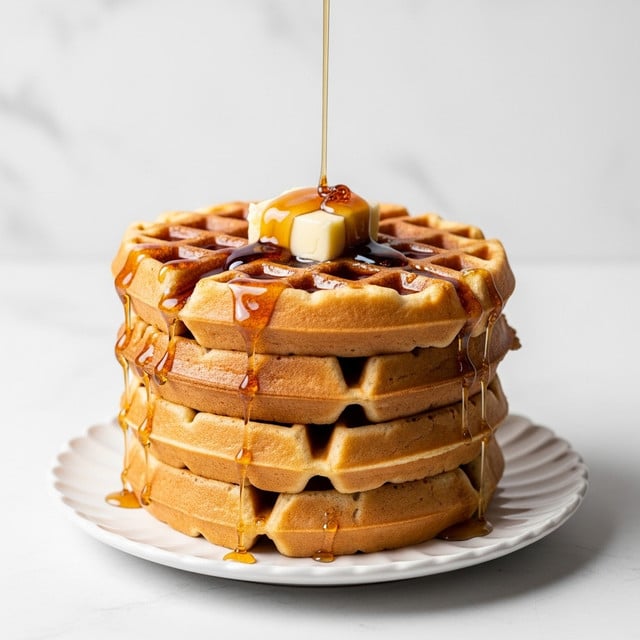 A tall stack of five golden-brown waffles sits on a white scalloped plate against a white marbled background. Each waffle layer is thick with a soft, slightly crispy texture and clearly defined grid patterns. On top of the stack, a small square of butter partially melts, spreading a light yellow shine. Dark syrup pools slightly on the butter and drips slowly down the sides of the waffles in thin streams. Above, more syrup pours down from out of frame, catching the light as it falls. photo taken with an iphone --ar 4:5 --v 7