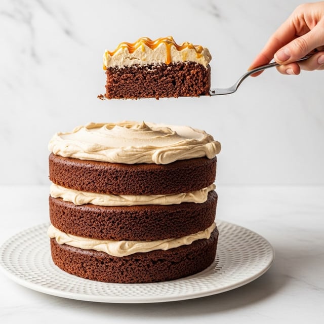 A slice of three-layer brown cake is being lifted by a woman's hand holding a spatula, revealing its moist and crumbly texture. Each cake layer is thick and uniformly brown, separated by creamy light brown frosting that also covers the top and sides of the cake smoothly with some subtle swirls. The cake rests on a white plate with decorative edges set on a white marbled surface. In the background, there are blurred white ceramic containers adding soft contrast to the scene. photo taken with an iphone --ar 4:5 --v 7