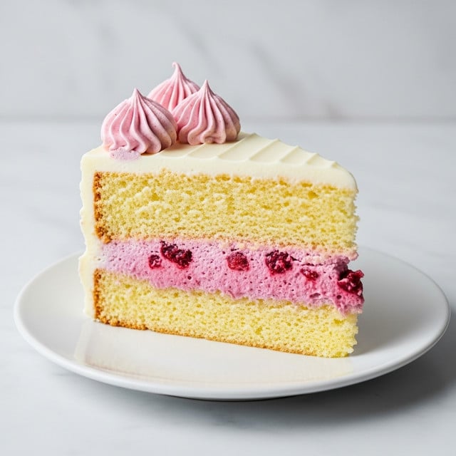 A single slice of cake sits on a white plate, placed on a white marbled surface. The cake has two thick layers of soft yellow sponge. Between the sponge layers, there is a thick pink cream filling mixed with small pieces of red berries. The top of the cake is covered with white frosting and decorated with three swirls of light pink cream. The texture of the frosting and cream looks smooth and slightly ridged. photo taken with an iphone --ar 4:5 --v 7