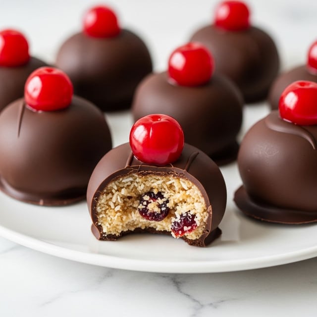 The image shows several chocolate-covered round treats placed on a white plate. Each treat has a smooth, dark brown chocolate outer layer, topped with a shiny, bright red cherry. One of the treats is bitten open to reveal a crumbly, white coconut and cranberry chewy interior inside. The white plate rests on a white marbled texture surface. photo taken with an iphone --ar 4:5 --v 7