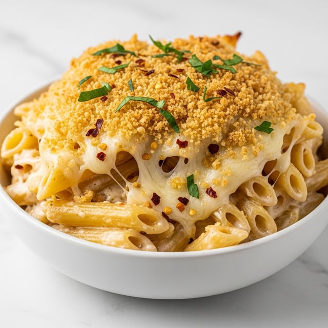 This image shows a bowl of baked pasta with about three layers visible. The bottom layer is creamy white cheese sauce mixed with penne pasta, with the pasta pieces clearly coated and soft. The middle layer has more pasta, slightly browned on the edges with melted cheese stretching across it. The top layer is covered with a golden-brown crispy breadcrumb crust, sprinkled with fresh chopped green herbs and red pepper flakes, giving texture and color contrast. The white bowl sits on a white marbled surface. Photo taken with an iphone --ar 4:5 --v 7