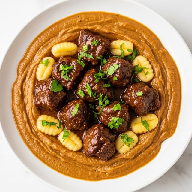 The dish shows a white, shallow bowl filled with a rich brown sauce covering the bottom layer, with some creamy beige pieces scattered within the sauce. On top, there are several chunks of dark brown meat, glazed and shiny, arranged in the center. Green herbs, finely chopped, are sprinkled over the meat, adding a fresh contrast to the warm colors. The bowl is set on a white marbled surface, softly lit to highlight the textures and colors of the food. photo taken with an iphone --ar 4:5 --v 7