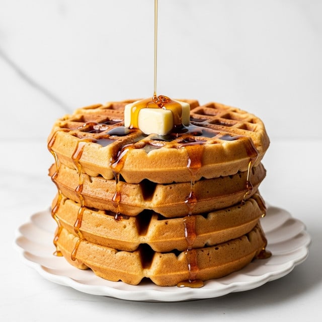 A tall stack of five golden brown waffles with a crispy texture sits on a white scalloped plate on a white marbled surface. The waffles have slight browning edges and visible square pockets. On the top waffle, a pat of melting butter rests, and golden syrup is pouring from above, spreading over the butter and dripping down the sides of the stack, creating a shiny, sticky layer. The background is plain and light, focusing attention on the waffles. photo taken with an iphone --ar 4:5 --v 7