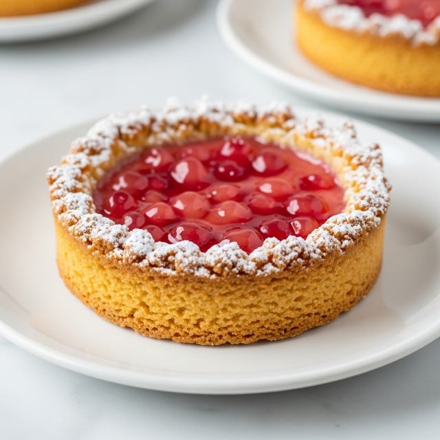 Two small round tarts sit on a white plate on a white marbled surface. Each tart has a thick, golden-brown crust forming the base and the sides, about one layer thick. Around the edge, a crumbly, light brown streusel layer dusted with fine white powdered sugar rises above the crust. Inside the tart is a glossy pink filling mixed with small chunks of yellow fruit, smooth and shiny. Photo taken with an iphone --ar 4:5 --v 7