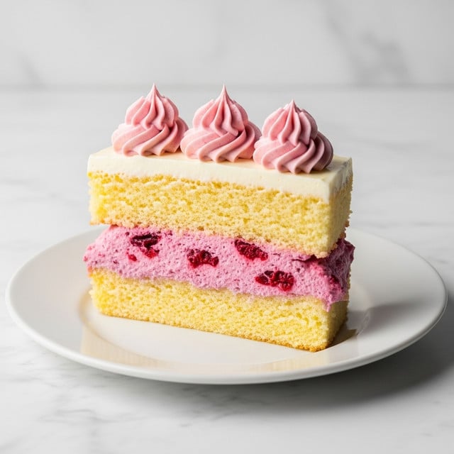 A slice of cake with two layers of light yellow sponge. Between the layers is a pink cream with red berry pieces spread evenly. The top layer of the cake has white cream with decorative swirls of light pink cream along the edge. The cake slice sits on a white plate on a white marbled surface. photo taken with an iphone --ar 4:5 --v 7