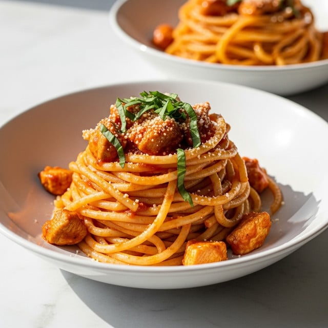 A white shallow bowl holds a neatly piled serving of thick spaghetti noodles covered in a reddish-orange tomato sauce with small pieces of chicken scattered throughout. The sauce looks glossy and smooth, coating the pasta evenly. Fresh green herb leaves are sprinkled on top, adding a touch of color, along with a light dusting of grated white cheese. The bowl sits on a white marbled surface with soft natural light casting gentle shadows, and another similar bowl with more pasta is blurred in the background. photo taken with an iphone --ar 4:5 --v 7