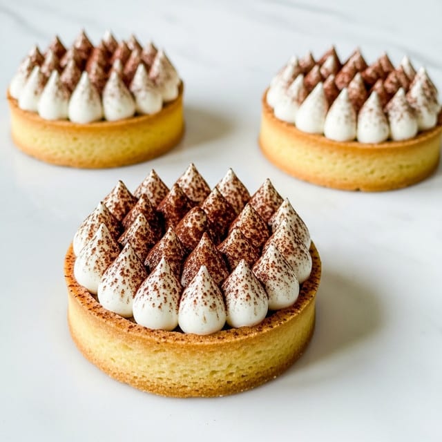 Three small round tarts sit on a white marbled surface. Each tart has a thick, light golden crust as the bottom layer. On top sits a smooth layer of white cream, topped with neat vertical ridges of a whiter, fluffy cream forming a textured pattern. A light dusting of cocoa powder covers the cream ridges, adding a soft brown contrast. The tarts are spaced apart, with the closest one in sharp focus in the bottom left, and the other two slightly blurred in the background. photo taken with an iphone --ar 4:5 --v 7