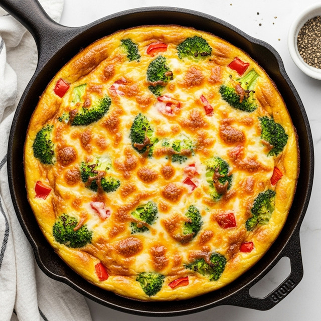 A golden-brown frittata cooked in a black cast iron skillet, with a slightly glossy top layer full of melted cheese that has browned in spots. Inside the frittata, there are bright green broccoli florets and small pieces of red bell pepper evenly spread throughout the thick egg base. The edges are slightly raised and darker brown, indicating a crispy texture, while the center looks soft and fluffy with visible bits of cooked vegetables. The skillet sits on a white marbled surface with a white and gray striped cloth partially visible on the left and a small white bowl of black peppercorns on the right. Photo taken with an iphone --ar 4:5 --v 7