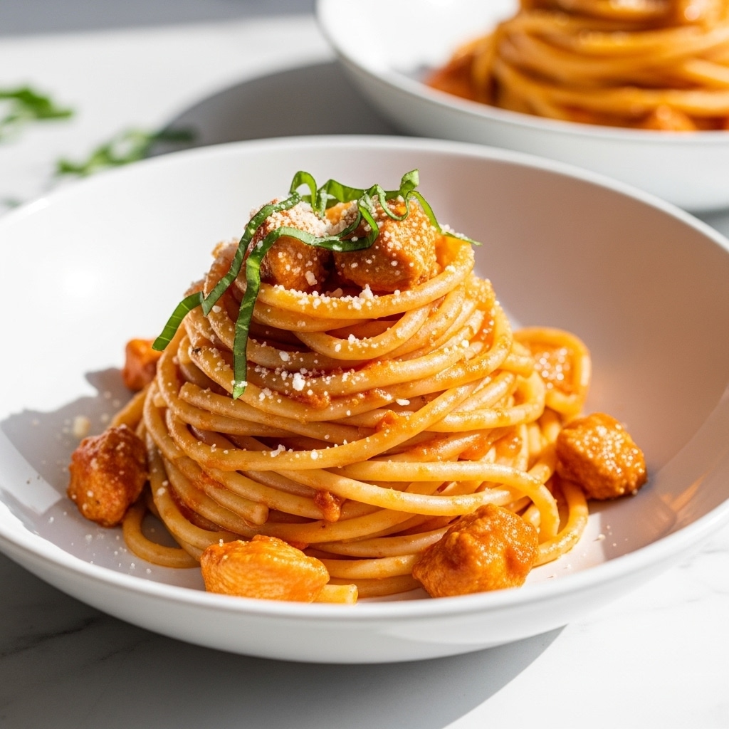 A white shallow bowl holds a neat bundle of thick pasta noodles coated in a light red-orange sauce. There are small pieces of light tan seafood or meat layered on top, sprinkled with grated white cheese and fresh green herb leaves. Behind it, two more white bowls can be seen blurred out on a white marbled surface, one with more pasta and the other empty with a spoon. The whole image is softly lit with natural light. photo taken with an iphone --ar 4:5 --v 7