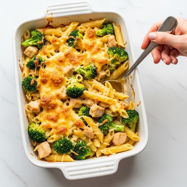 A close-up view of a baked pasta dish in a white rectangular baking dish set on a white marbled texture. The dish has three main layers: the bottom layer is al dente penne pasta mixed with pieces of cooked chicken and green broccoli florets, the middle layer is a creamy white cheese sauce coating the pasta and vegetables, and the top layer is golden brown melted cheese with some dark toasted spots, giving a textured, bubbly surface. A spoon is scooping a portion showing melted cheese stretching with pasta and broccoli clearly visible. Photo taken with an iphone --ar 4:5 --v 7