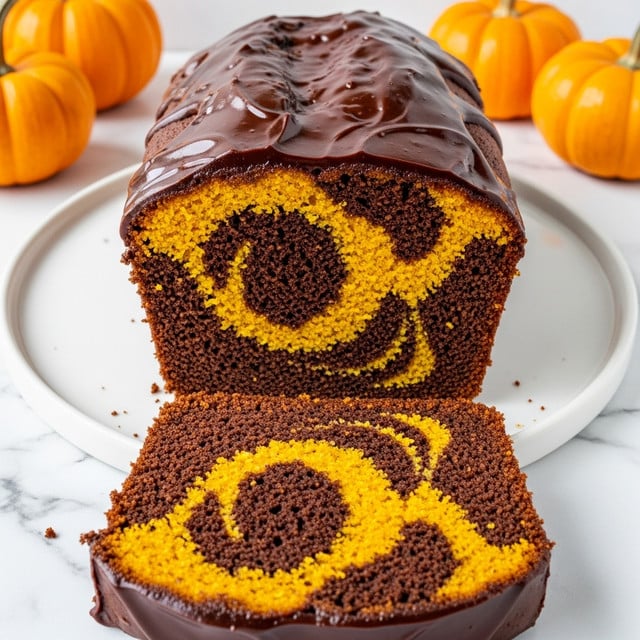 A loaf cake with swirled layers of dark brown chocolate and bright orange pumpkin, cut into slices showing the marbled pattern inside, is topped and covered with thick glossy dark chocolate glaze that drips down the sides. The cake sits on a round white plate on a white marbled textured surface, with small orange pumpkins blurred in the background, giving an autumn feel. One slice is laid flat in front of the cake to show the soft texture and vivid swirl of colors. Photo taken with an iphone --ar 4:5 --v 7