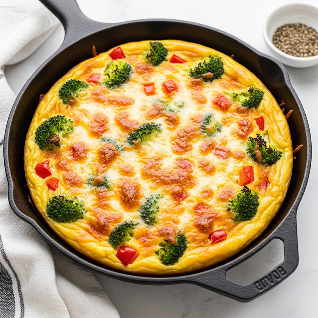 A golden-brown baked frittata fills a black skillet, showing a slightly crispy edge around the top. The surface is thick and textured, with visible chunks of green broccoli, lighter green asparagus pieces, and small red tomato bits spread evenly throughout the frittata. The eggs provide a bright yellow base creating a soft, cooked texture between the veggie bits. The skillet sits on a white marbled surface, with a black and white striped cloth nearby and a small white bowl filled with peppercorns partially visible at the upper right. photo taken with an iphone --ar 4:5 --v 7