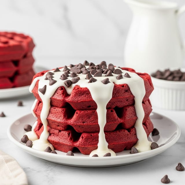 A stack of three thick red waffles sits in the center of a white plate on a white marbled surface. Each waffle layer is bright red with a soft, fluffy texture. White cream sauce is drizzled in thick lines evenly across the top waffle, some dripping down the sides. Small dark chocolate chips are scattered on the plate and on top of the waffles, adding contrast in color. In the background, there is a blurred white pitcher and a white bowl filled with more chocolate chips, along with a blurred stack of waffles with similar white drizzle. The lighting is soft and natural, highlighting the vivid colors and textures of the food. photo taken with an iphone --ar 4:5 --v 7