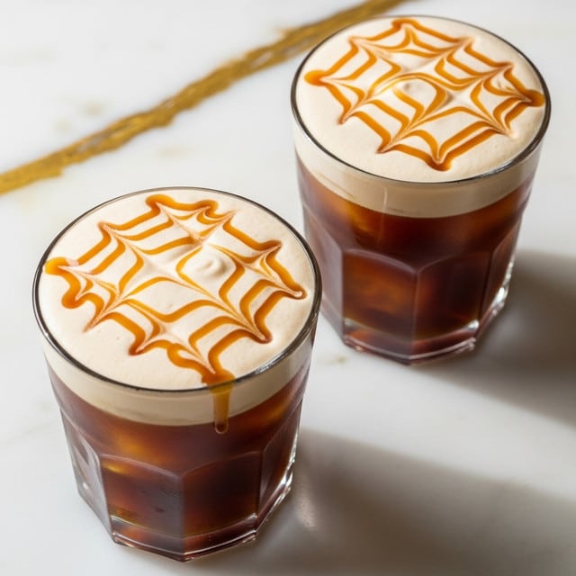 Two clear glasses filled with dark brown iced coffee, each containing ice cubes visible inside. On top of each glass is a thick, light beige foam layer, smooth and creamy, with caramel sauce drizzled in thin, wavy lines, some dripping slightly down the sides. The glasses sit on a white marble surface with gold veining. The light creates mild reflections and shadows around the glasses. photo taken with an iphone --ar 4:5 --v 7
